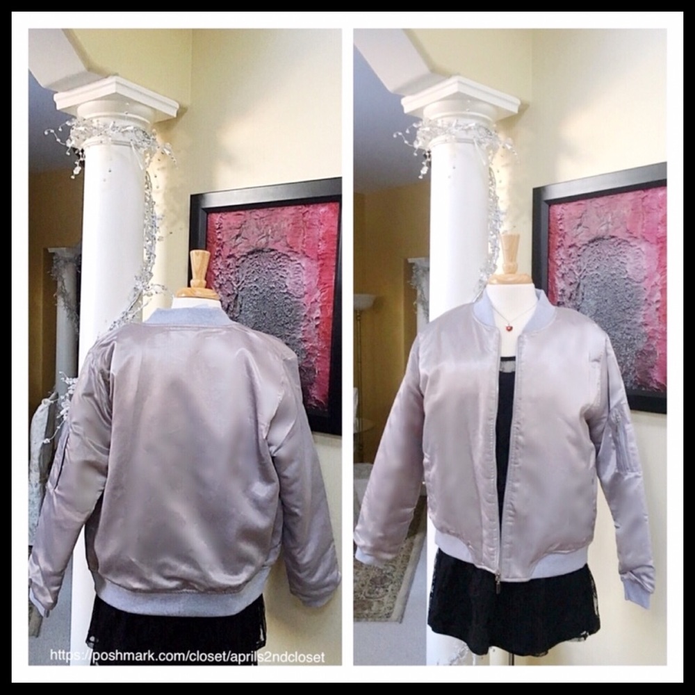 SILVER SATIN MOTO BOMBER VARSITY JACKET - Picture 4 of 8